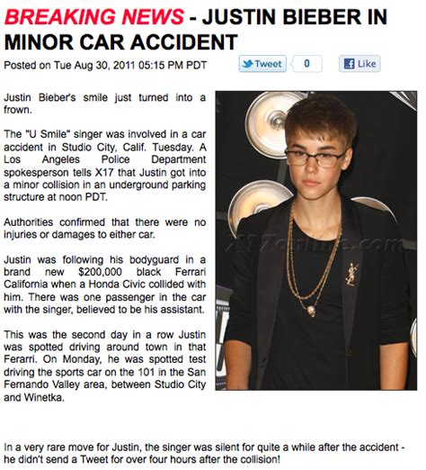 Justin Bieber: Minor Car Crash - Justin Bieber Photo (24977462) - Fanpop