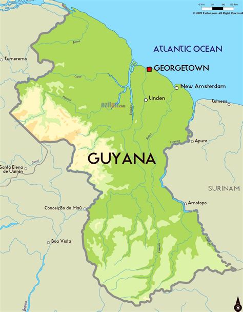 Large physical map of Guyana with major cities | Guyana | South America ...