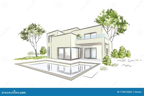 Vector Architectural Sketch Modern Exclusive House. Modern Architecture/ Stock Vector ...