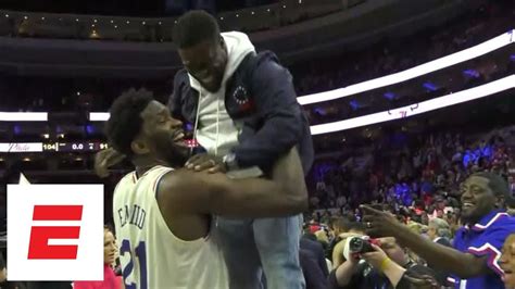 Joel Embiid celebrates with Kevin Hart after 76ers win first-round ...