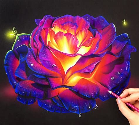 Colored pencil glowing rose on black paper! The best way to get colors so bright on black paper ...