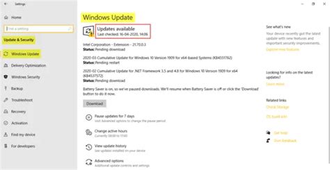 Windows Update and Security settings in Windows 10