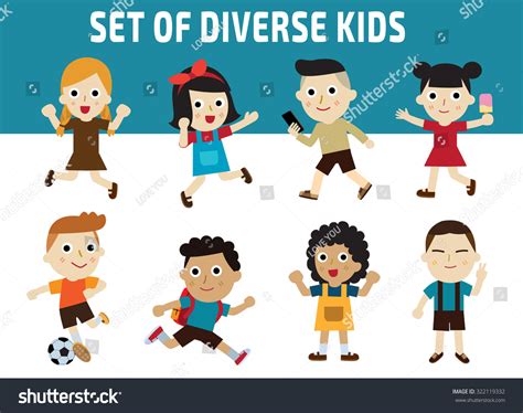 Set Of Diversity Full Length Kids. Character Icons Isolated On White And Blue Background ...