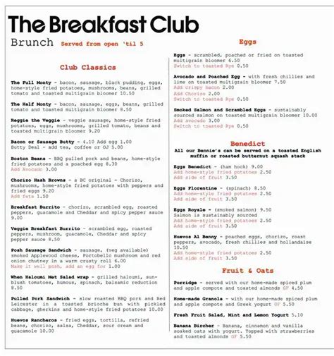 Menu at The Breakfast Club, London, 1 Crossrail Pl