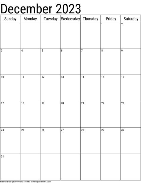 December 2023 Calendar - Handy Calendars