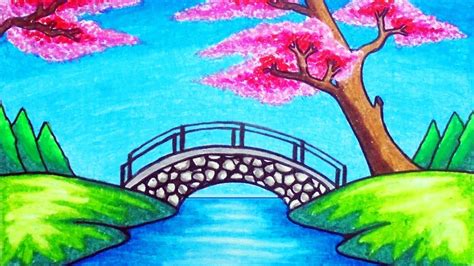 Easy Garden Scenery Drawing with Cherry Blossom