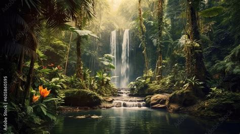 Tropical rainforest waterfall in the jungle landscape. Palm trees pond ...