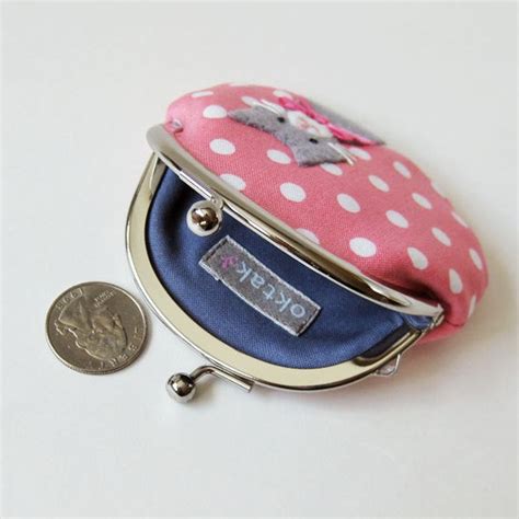 Cat coin purse gray kitty on pink polka dots