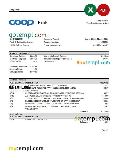 Estonia Coop Pank bank statement Excel and PDF template