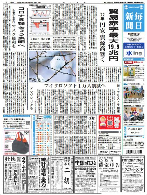 Newspaper Mainichi Shimbun - 毎日新聞 (Japan). Newspapers in Japan. Friday's edition, January 20 of ...