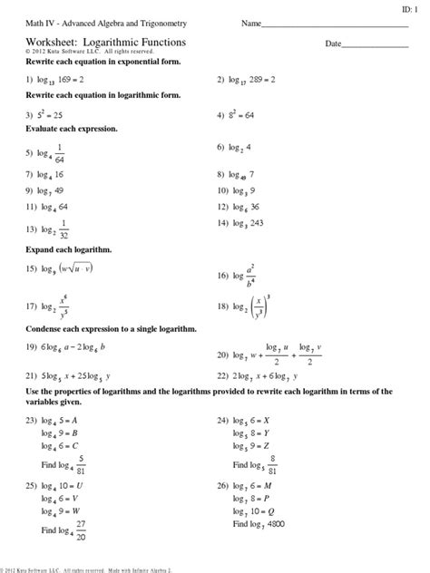 Math IV - Worksheet Logarithmic Functions | Logarithm | Exponential ...