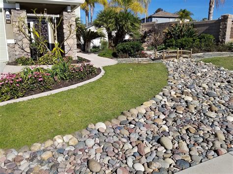 A grass-free front yard with a dry river bed, Kurapia ground cover, and colorful plantings ...