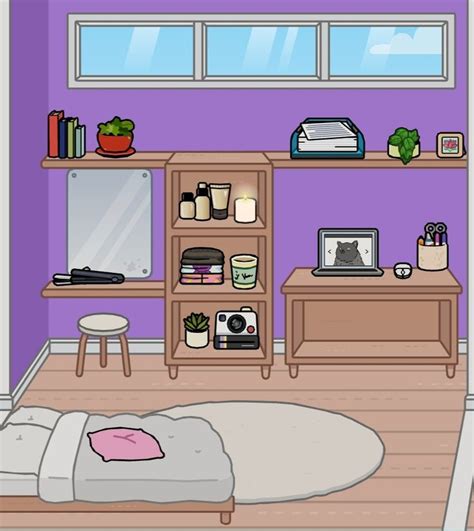 a room with purple walls and shelves filled with plants, books, and other items