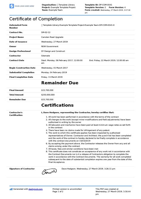 Certificate Of Completion Template Pdf Free - PDF Template