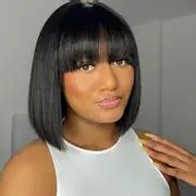 Straight Short Bob Human Hair Wigs Bangs 2*4 Top Lace Front - Temu Philippines