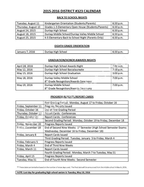 2015 - 2016 District Calendar | Dunlap Grade School – Dunlap, IL