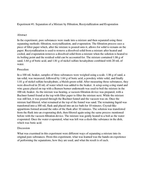 Lab Report # 1 chem - Experiment #1: Separation of a Mixture by Filtration, Recrystallization ...