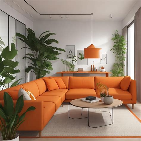 Premium AI Image | Modern living room interior with orange sofa plant and geometric pattern ...