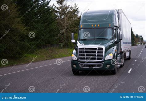 Modern Dark Green Semi Truck and Trailer on Straight Road Stock Image - Image of load, carrier ...