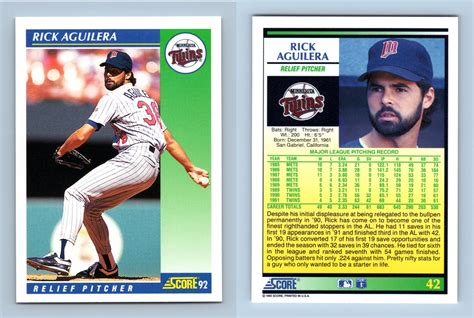 Rick Aguilera - Twins - #42 Score 1992 Baseball Trading Card