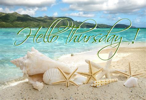 there are shells and starfish on the beach with words hello thursday written in green