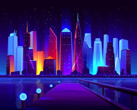 Free Vector | Future metropolis seafront with illuminating neon colors lights futuristic skyscrapers