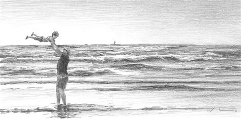 Dad And Son Beach Pencil Portrait Drawing by Mike Theuer - Fine Art America