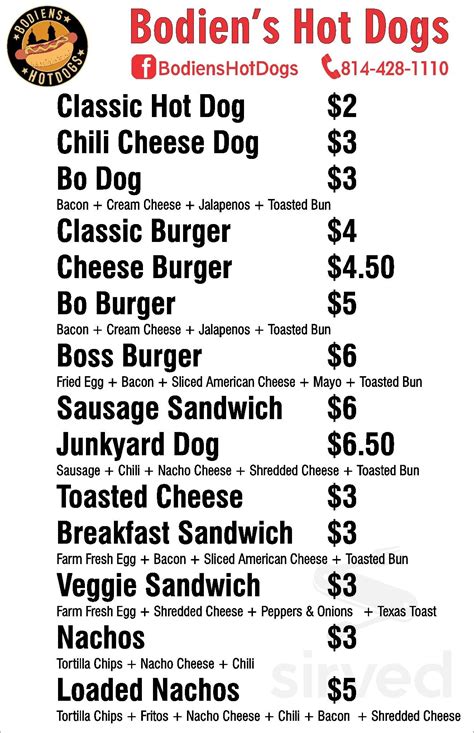 Bodiens Hot Dog Cart menu in Franklin, Pennsylvania, USA