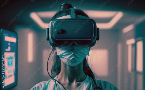 Front view of doctor using VR goggles inside a futuristic hospital. Generative AI. Stock ...