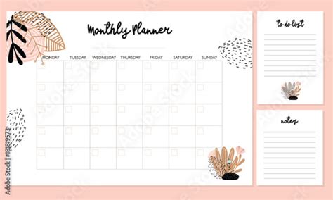 "Cute Monthly Planner with flowers, to do list, notes, printable, vector" Stock image and ...