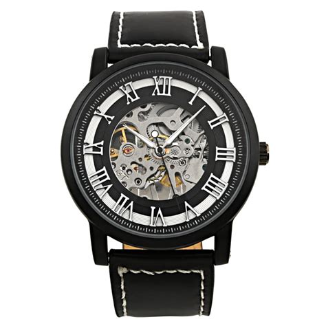 ESS - Men's Black Hand-Wind Up Mechanical Watch Skeleton Roman Numerals Leather Band - Walmart ...