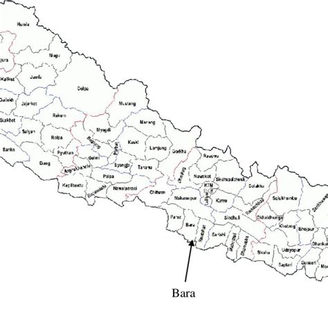 Map of Nepal showing Jhapa, Bara and Kailali districts. | Download ...