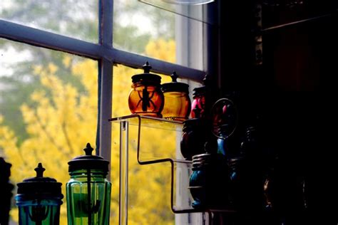 Delicate | Old colored glass jars against a huge forsythia -… | Flickr
