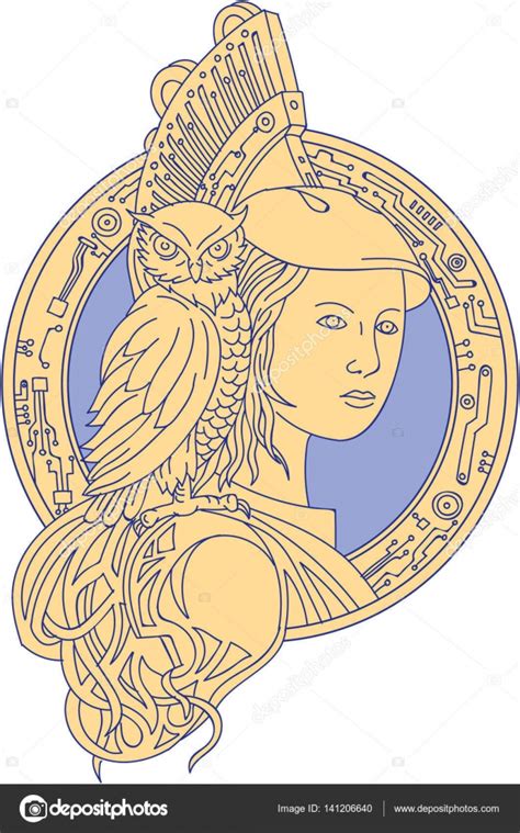 Athena with Owl on Shoulder Circuit Circle Mono Line Stock Vector Image ...