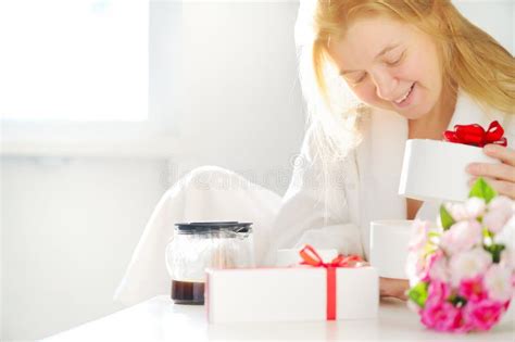 Caucasian Woman Opens the Gifts. a Dream Come True! Stock Photo - Image of activity, valentine ...