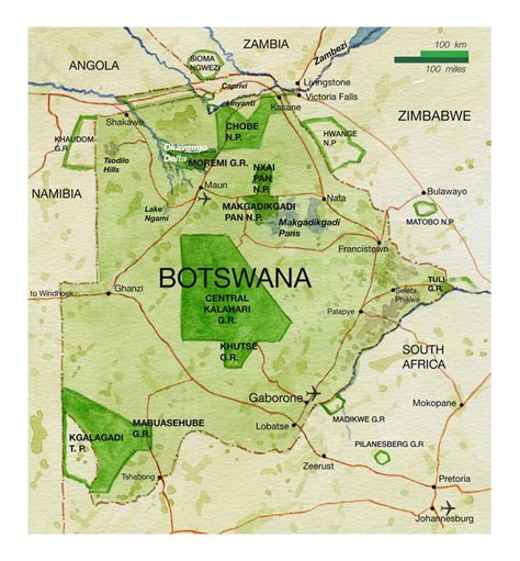 National parks map of Botswana with roads, major cities and airports ...