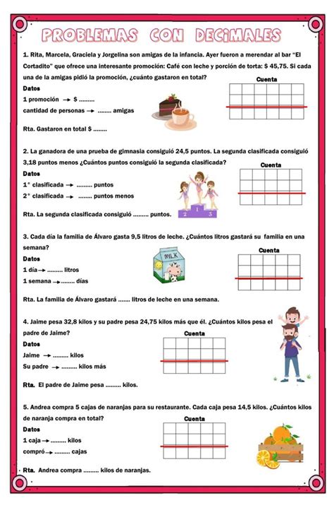 Problemas con decimales worksheet for segundo ciclo | Decimals ...