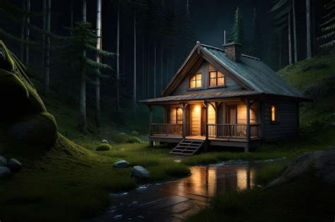 Premium Photo | House in the forest at night