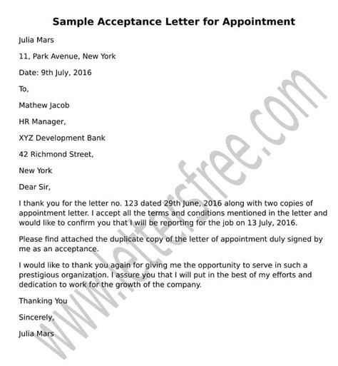 Sample Acceptance Letter for Appointment, Format Job Acceptance Letter