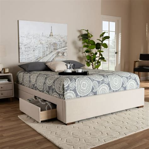 Baxton Studio Leni Modern and Contemporary Beige Fabric Upholstered 4-Drawer Queen Size Platform ...