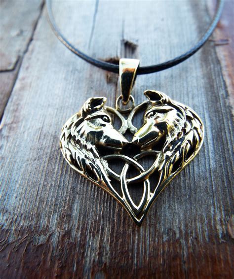 Wolf Pendant Heart Love Triquetra Celtic Knot Bronze Handmade Necklace Gothic Dark Magic Wiccan ...