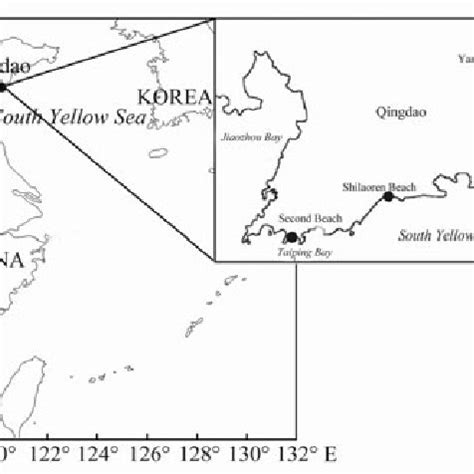 Geographical locations of three sandy beaches in Qingdao, Shandong ...