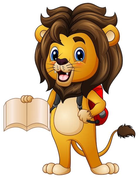 Premium Vector | Cartoon lion holding a book with backpack
