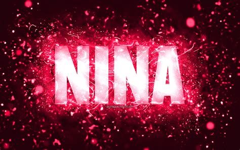 Happy Birtay Nina, , pink neon lights, Nina name, creative, Nina Happy Birtay, Nina Birtay ...