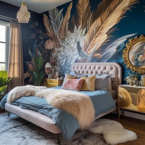 Premium AI Image | A bedroom with a large wall mural that says'peacock'on it