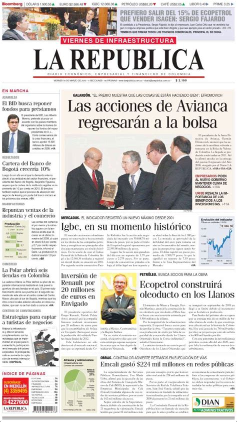 Newspaper La Republica (Colombia). Newspapers in Colombia. Friday's ...