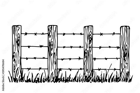 Hand-drawn simple vector drawing in black outline. Rural farm fence ...