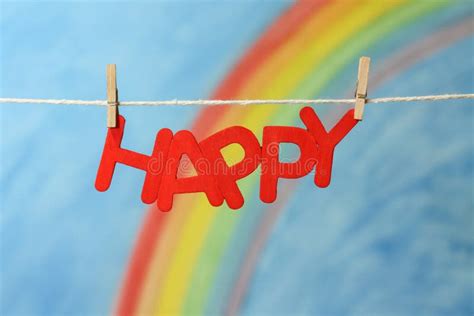 The Word Happy with a Blue Sky and Colorful Rainbow. Stock Photo - Image of happiness, love ...