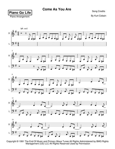 Come As You Are (arr. Piano Go Life) by Nirvana Sheet Music for Piano Solo at Sheet Music Direct