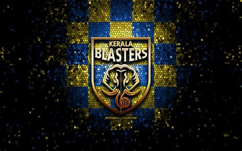 Download wallpapers Kerala Blasters FC, glitter logo, ISL, blue yellow checkered background ...